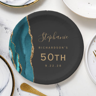 Assiettes En Carton Marbre d'agate bleu sarcelle Or Anniversaire 50 an