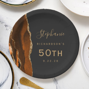 Assiettes En Carton Marbre d'agate orange brûlé Or foncé 50e anniversa