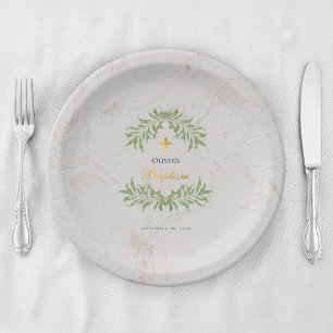 Assiettes En Carton Marbre de baptême Feuillage verdure Écriture dorée