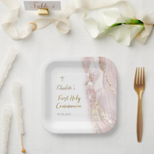 Assiettes En Carton marbre de fluide rose Première Communion