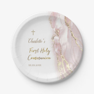 Assiettes En Carton marbre de fluide rose Première Communion