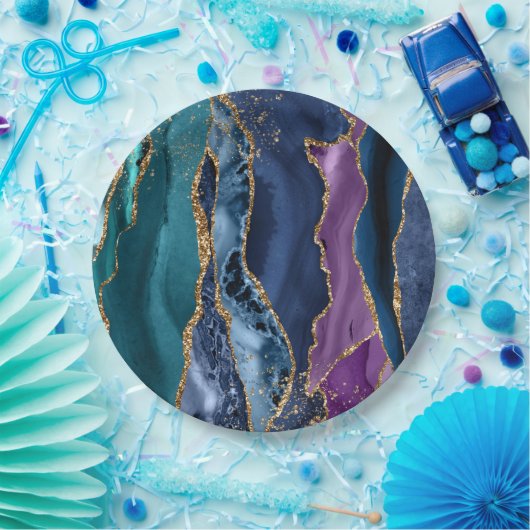 Assiettes En Carton Marbre de Parties scintillant bleu bleu turquoise (Fête)