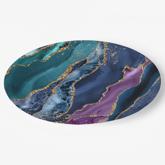 Assiettes En Carton Marbre de Parties scintillant bleu bleu turquoise (Angle)