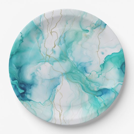 Assiettes En Carton Marbre d'encre or Mint Aqua (Devant)