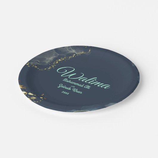 Assiettes En Carton Marbre Dusty Bleu Walima Mariage islamique (Angle)