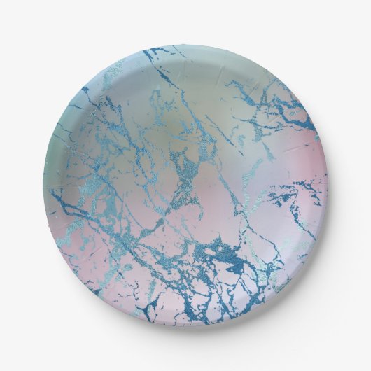 Assiettes En Carton Marbre Iridescente | Tendance Faux Holo bleu rose (Devant)