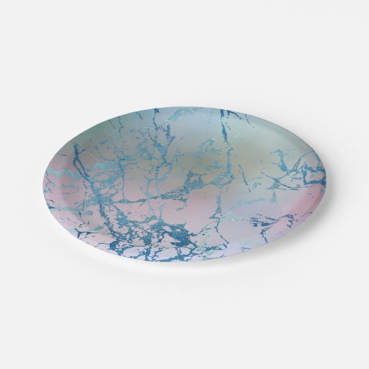 Assiettes En Carton Marbre Iridescente | Tendance Faux Holo bleu rose (Angle)