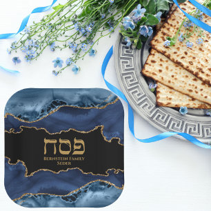 Assiettes En Carton Marbre Marine bleu et or Hébreu Pesach Sameach