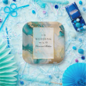 Assiettes En Carton Marbre moderne Turquoise et or Mariage (Fête)