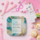 Assiettes En Carton Marbre moderne Turquoise et or Mariage (Fête)