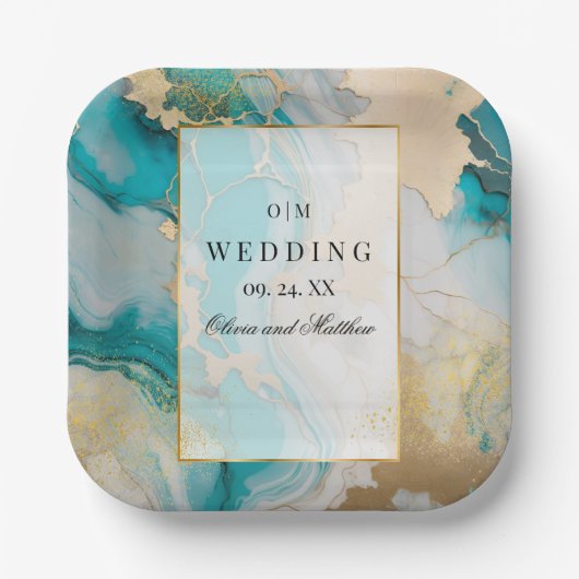 Assiettes En Carton Marbre moderne Turquoise et or Mariage (Recto)