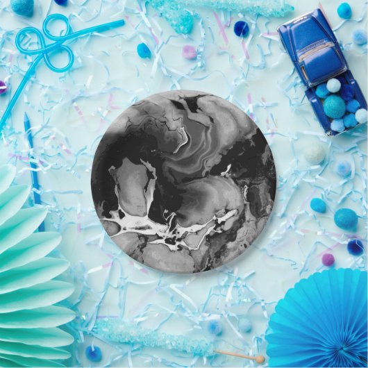 Assiettes En Carton Marbre noir et blanc (Fête)