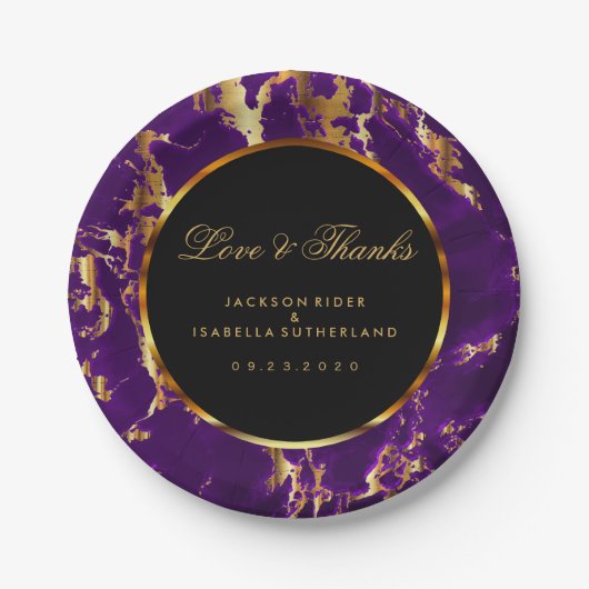 Assiettes En Carton Marbre noir, or et violet (Devant)