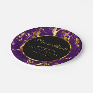 Assiettes En Carton Marbre noir, or et violet