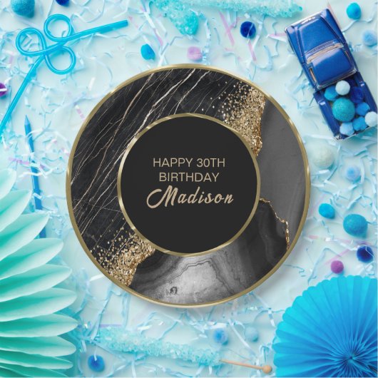 Assiettes En Carton Marbre noir Parties scintillant or (Fête)