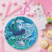 Assiettes En Carton Marbre numérique bleu et vert Fluide Art (Fête)