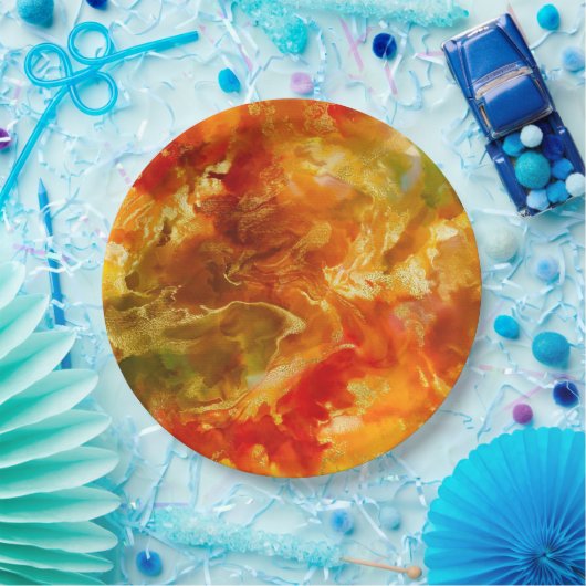 Assiettes En Carton Marbre rouge, or, orange, encre (Fête)