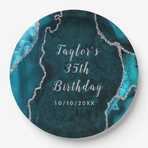 Assiettes En Carton Marbre turquoise et Argent Agate Anniversaire