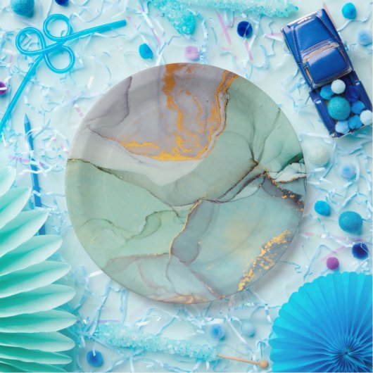 Assiettes En Carton Marbre vert bleu or assez (Fête)