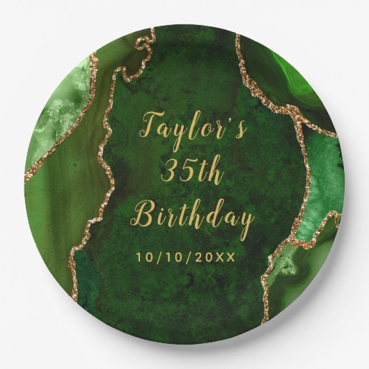 Assiettes En Carton Marbre vert et or Agate Anniversaire (Devant)