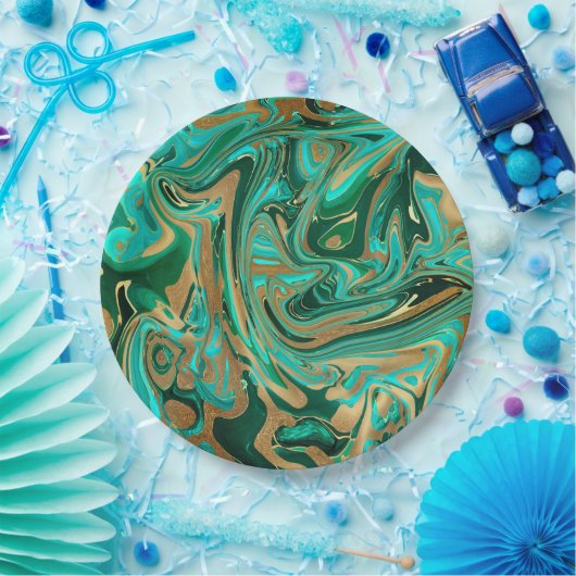 Assiettes En Carton Marbre vert et or liquide (Fête)