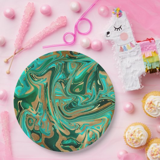 Assiettes En Carton Marbre vert et or liquide (Fête)