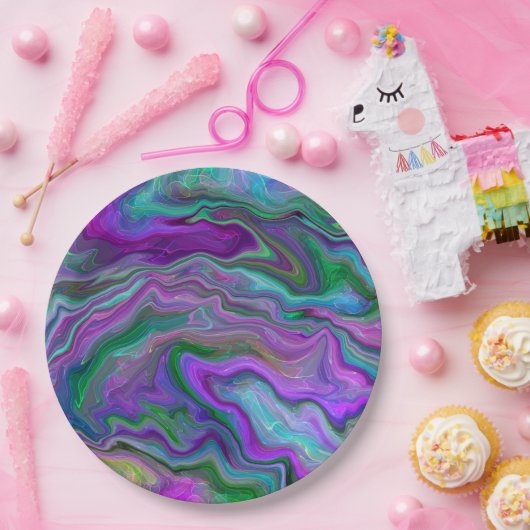 Assiettes En Carton Marbre violet, vert et bleu Fluid Art (Fête)