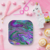 Assiettes En Carton Marbre violet, vert et bleu Fluid Art (Fête)