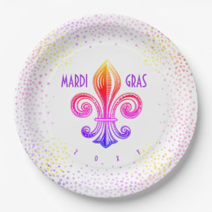 Assiettes En Carton Mardi Gras Arc-en-ciel Fleur De Lis avec Confetti