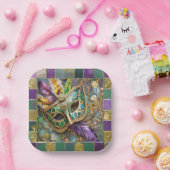 Assiettes En Carton Mardi Gras Masque de plumes vert et doré (Fête)