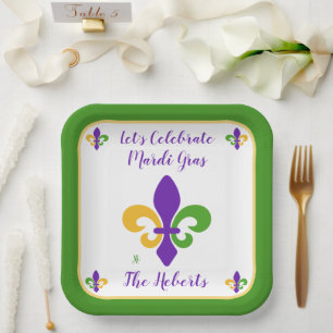 Assiettes En Carton Mardi Gras NOM Vert Or Violet Fleur de Lis