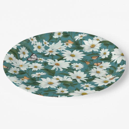 Assiettes En Carton Marguerites blanches et papillons (Angle)
