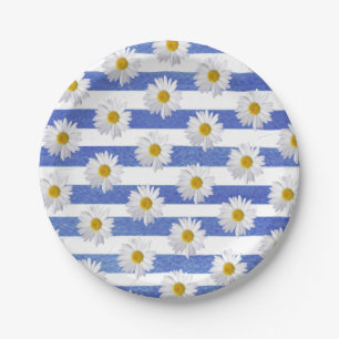 Assiettes En Carton marguerites blanches sur bande d'aquarelle bleue