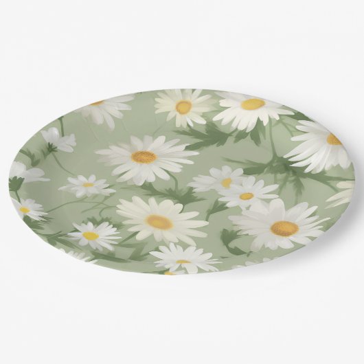 Assiettes En Carton Marguerites blanches sur vert (Angle)