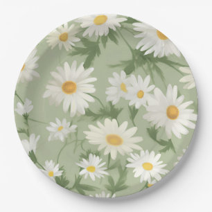 Assiettes En Carton Marguerites blanches sur vert