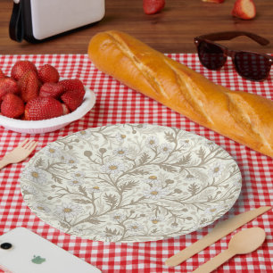 Assiettes En Carton Marguerites en blanc et marron sur fond blanc cass