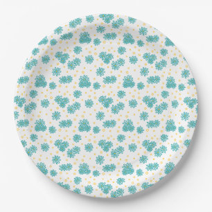 Assiettes En Carton Marguerites et Points - Turquoise et Jaune