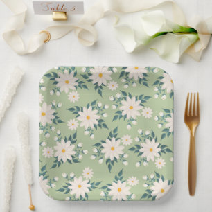Assiettes En Carton Marguerites sur l'Arrière - plan vert Pastel