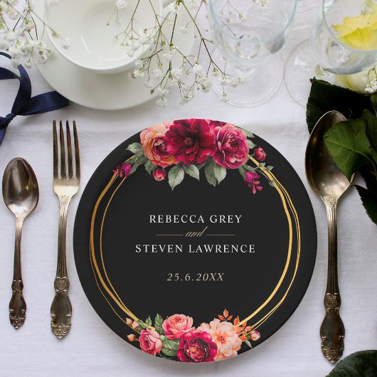 Assiettes En Carton Mariage à fleurs noir rouge chic