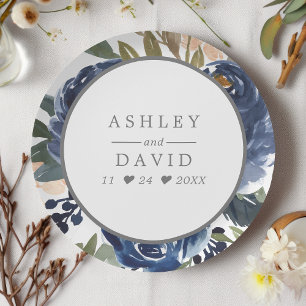 Assiettes En Carton Mariage à l'aquarelle à motif floral bleu marine