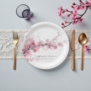 Assiettes En Carton Mariage à l'aquarelle Fleur de Cerisier Rose Tendr