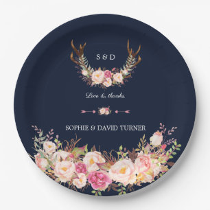 Assiettes En Carton Mariage à l'aquarelle Rose Foncé Floral Cerf Navy