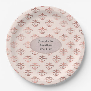 Assiettes En Carton Mariage à motif damassé or rose et rose poudré