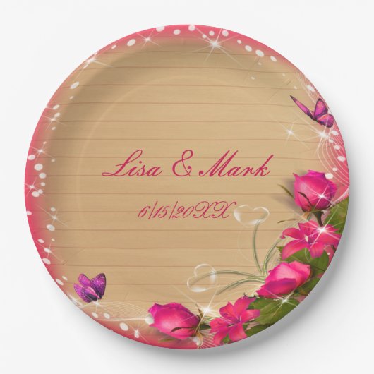 Assiettes En Carton Mariage à papillon rose bois rustique (Devant)