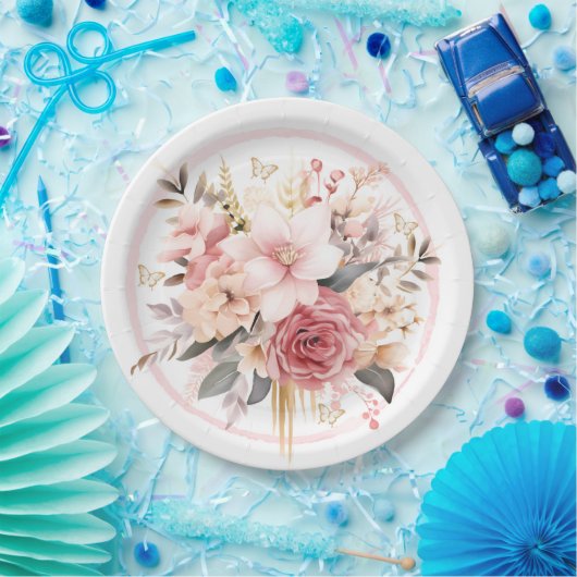 Assiettes En Carton Mariage à papillon rose et or (Fête)