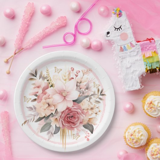 Assiettes En Carton Mariage à papillon rose et or (Fête)