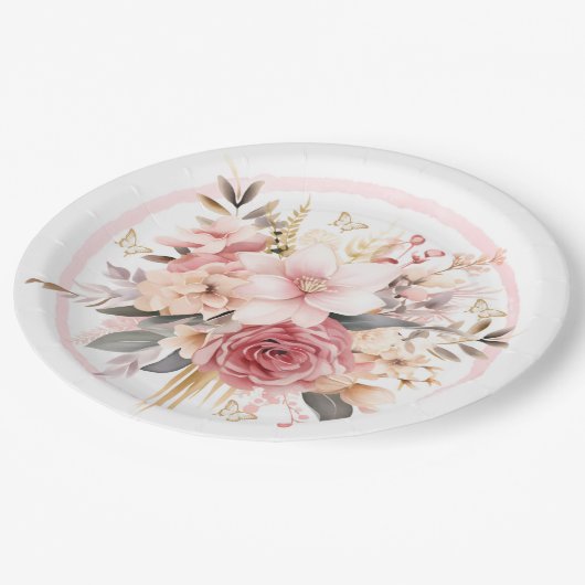 Assiettes En Carton Mariage à papillon rose et or (Angle)