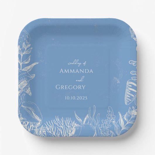 Assiettes En Carton Mariage à thème Blue Toile Ocean (Recto)