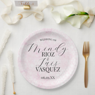Assiettes En Carton Mariage Abstrait Rose Script Noir 