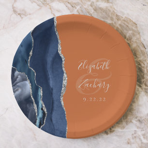 Assiettes En Carton Mariage Agate Bleu Nuit Argent Orange Brûlé